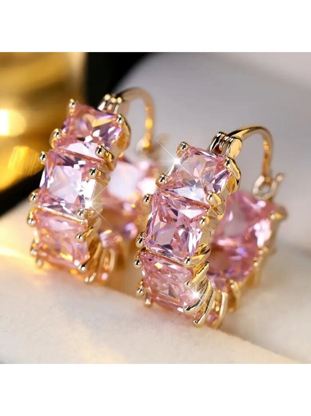 Gold Tone Huggie Earrings with Pink Princess Cut Stones and Tons of Bling #1492